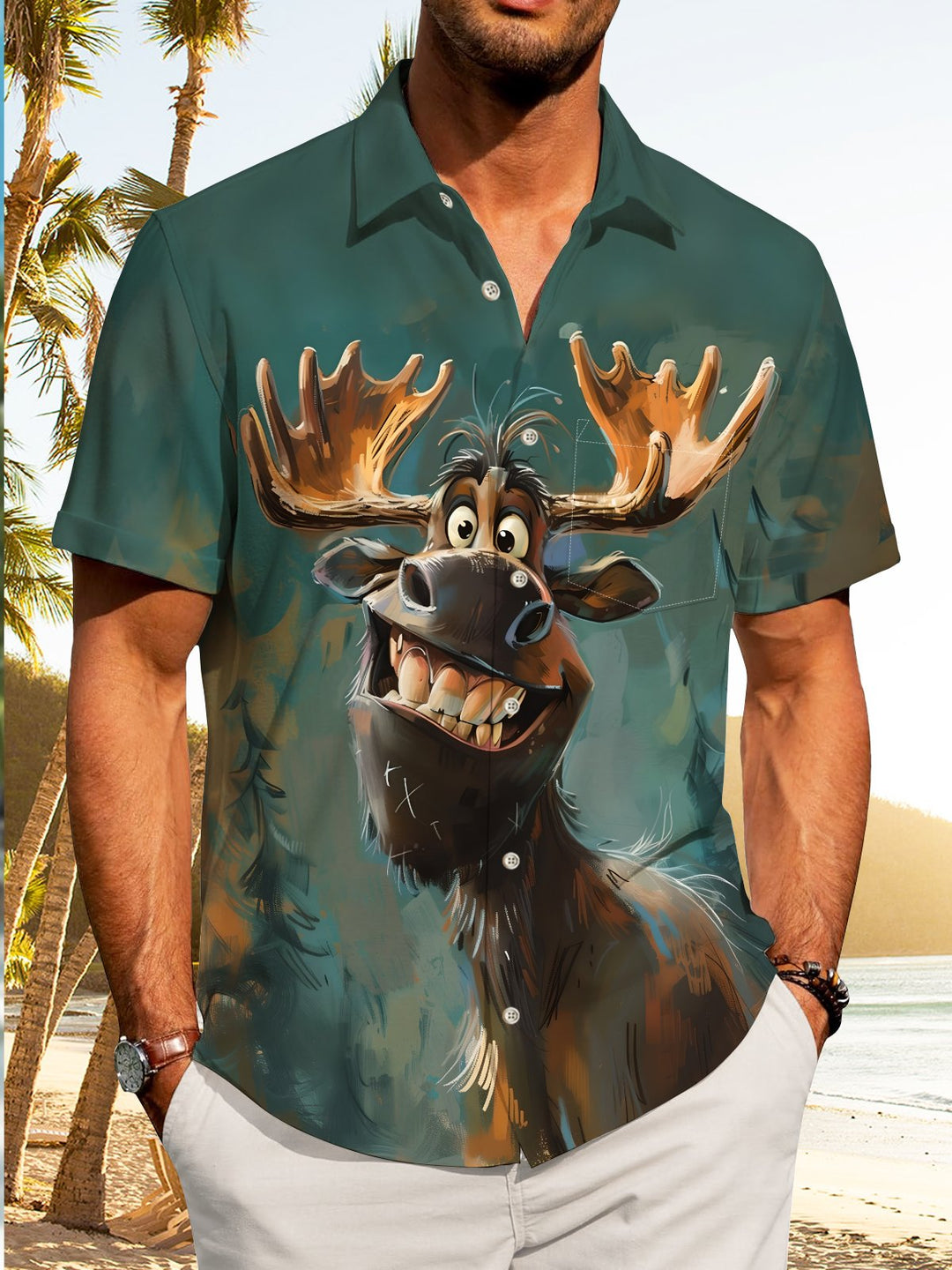 Alohadaddy Vintage Series Oil Painting Print Art Buttons Pockets Elastic Large Size Shirt
