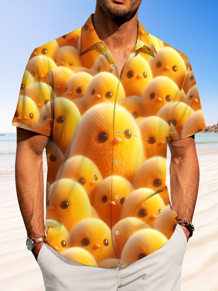 Alohadaddy Hawaiian Casual Yellow Chicken Button Cardigan Pocket Stretch Large Size Polyester Short Sleeve Shirt