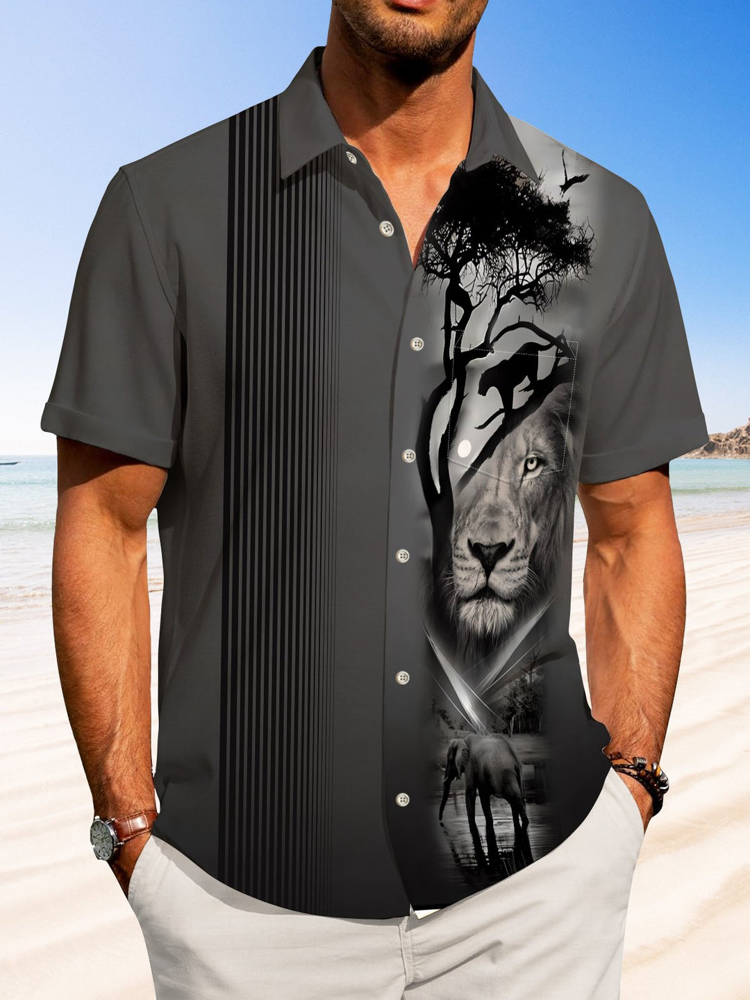 Alohadaddy Casual Stripes Lion Art Print Button Cardigan Pockets Stretch Oversized Short Sleeve Shirt