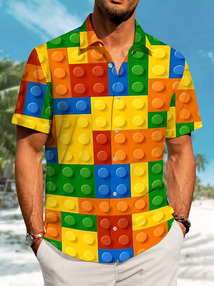 Alohadaddy Casual Lego Geometric Drawing Art Button Cardigan Pocket Stretch Large Size Long Short Sleeve Shirt
