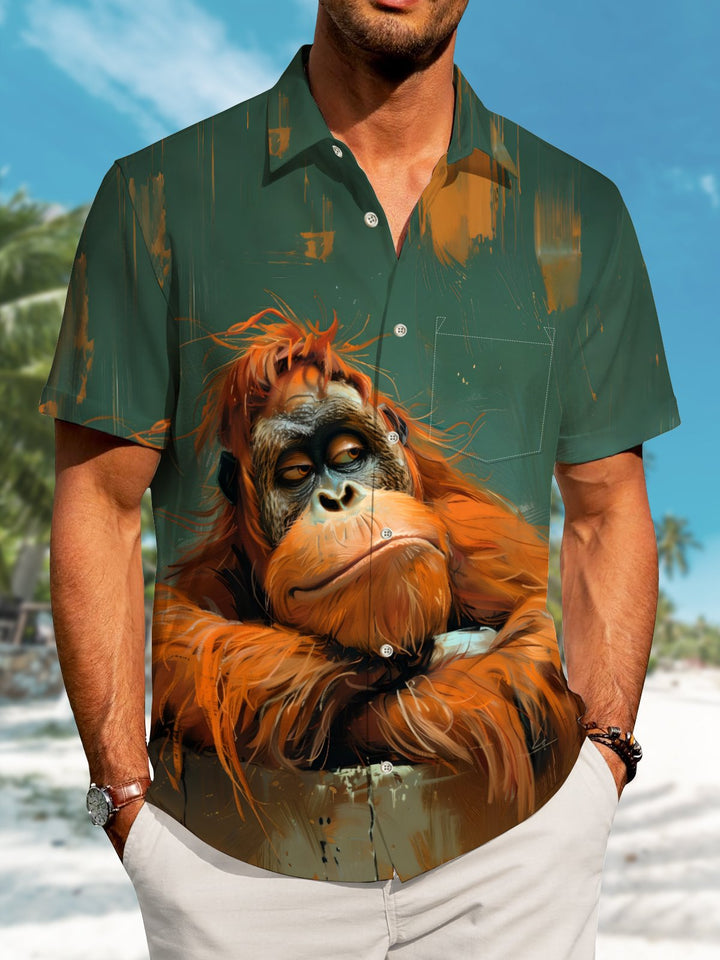 Alohadaddy Casual Retro Oil Painting Orangutan Ink Splash Print Art Button Cardigan Pocket Elasticity Long Large Size Short Sleeve Shirt