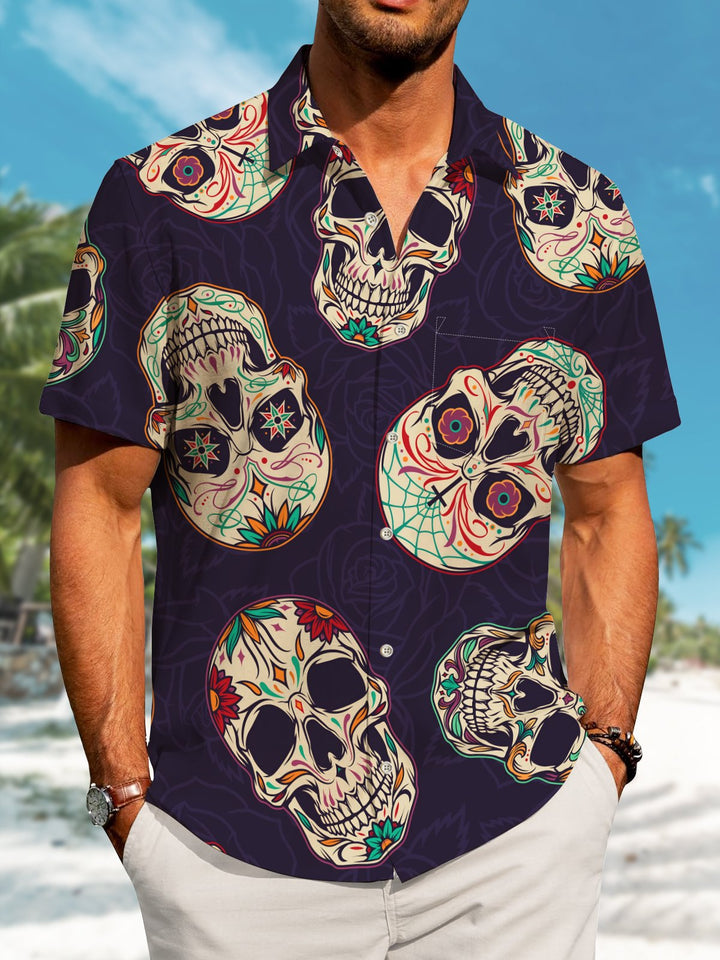 Alohadaddy Casual Holiday Collection Day of the Dead Skull Print Art Button Cardigan Pocket Stretch Oversized Long Short Sleeve Shirt