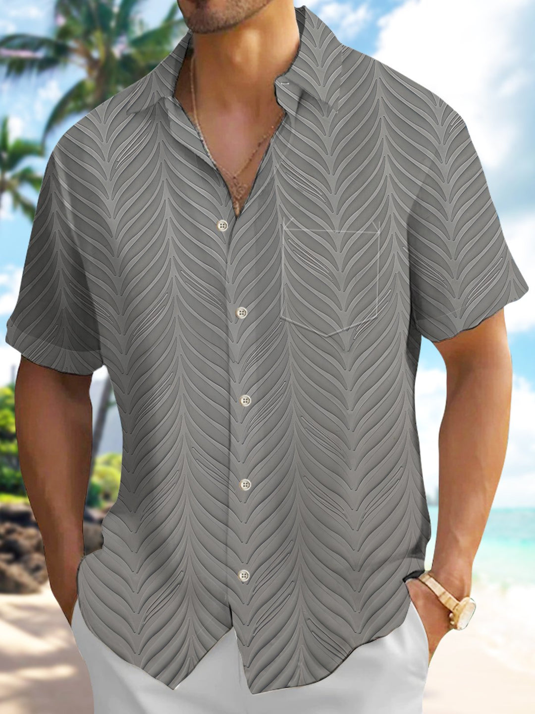 Alohadaddy Leisure Collection Geometric Plants Cool Print Art Pocket Cardigan Buttons Polyester Stretch Short Sleeve Shirt