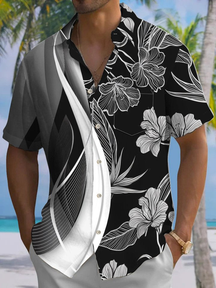 Alohadaddy Hawaiian Moisture Wicking Stripes Crane Orchid Art Print Chest Pocket Stretch Short Sleeve Shirt