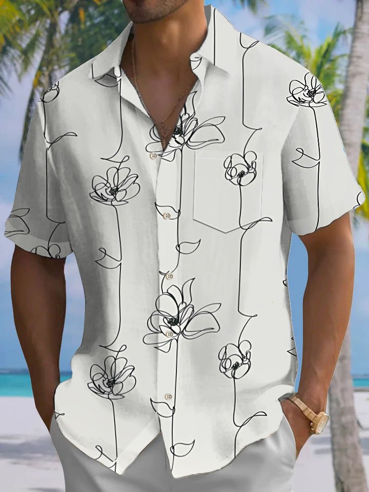 Alohadaddy® Casual Flowers Stick Figure Art Print Chest Pocket Men Short Sleeve Shirt Big &amp; Tall