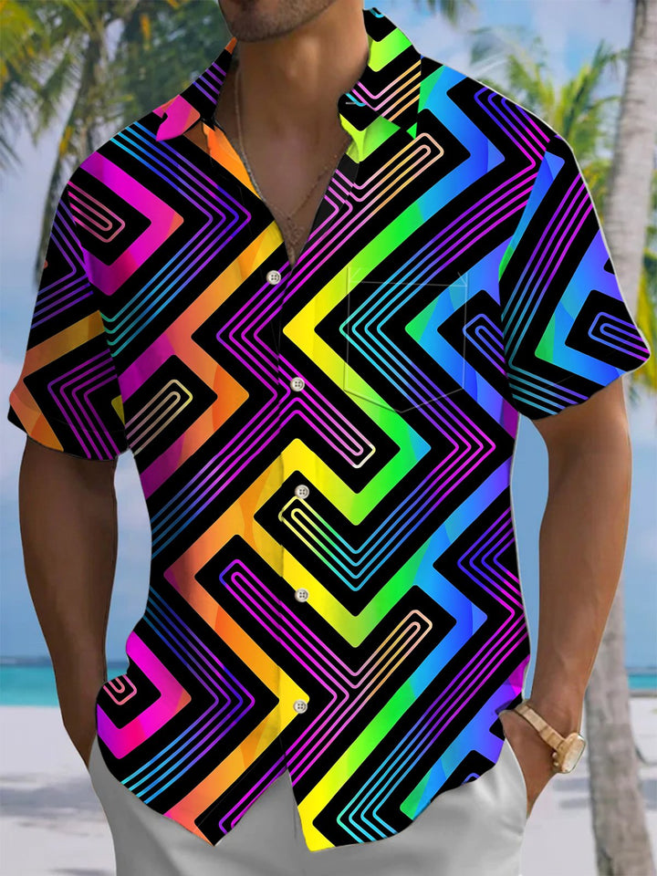 Alohadaddy® Casual Geometric Art Print Chest Pocket Men&