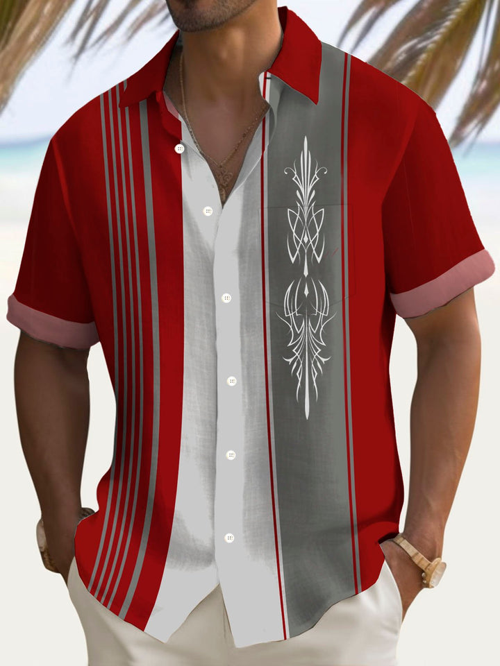 Camisa de manga corta con bolsillo abotonado y estampado 3D de rayas geométricas con diseño retro de bolos de Alohadaddy para hombre, talla grande y alta