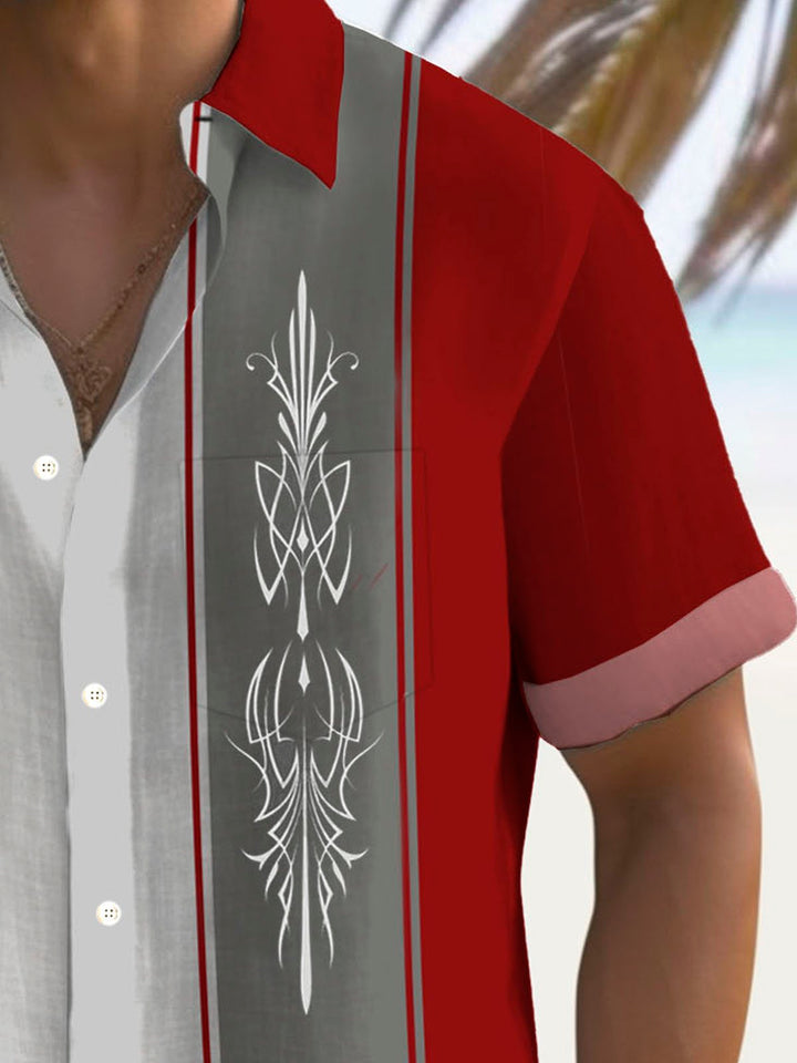 Camisa de manga corta con bolsillo abotonado y estampado 3D de rayas geométricas con diseño retro de bolos de Alohadaddy para hombre, talla grande y alta