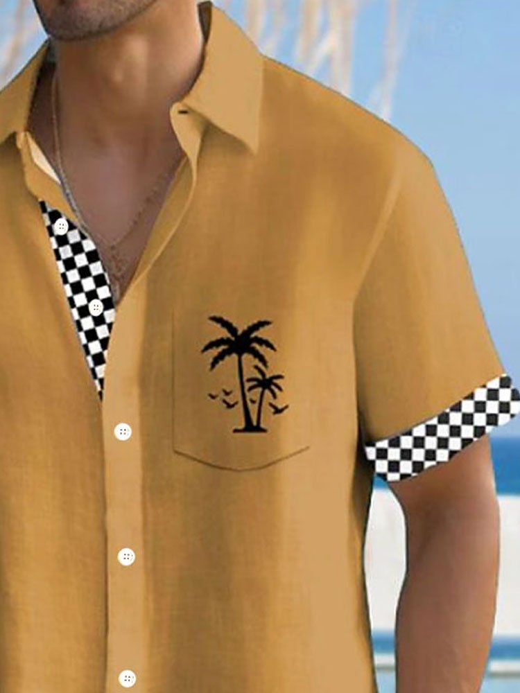 Camisa de manga corta con bolsillo abotonado para hombre con estampado 3D de árbol de coco y cuadros escoceses hawaianos Alohadaddy