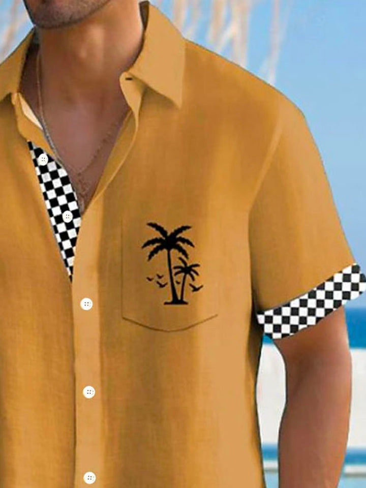Camisa de manga corta con bolsillo abotonado para hombre con estampado 3D de árbol de coco y cuadros escoceses hawaianos Alohadaddy