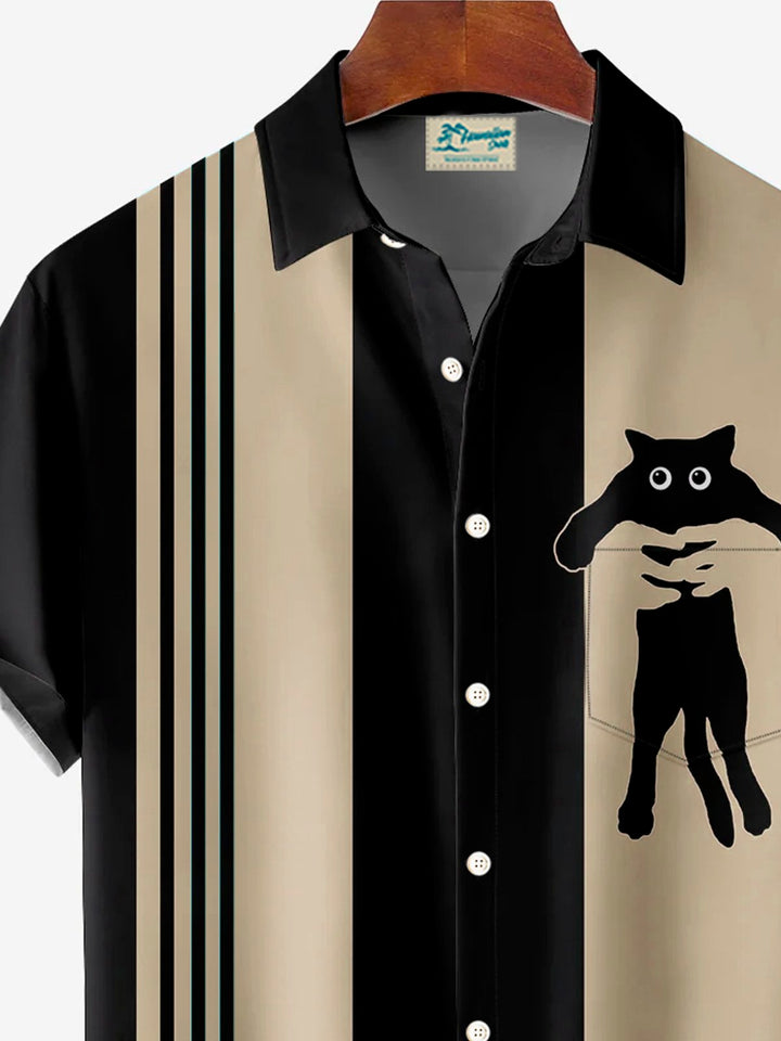 Camisa de manga corta con bolsillo y botones para hombre, con estampado 3D de gato divertido y bolos retro de Alohadaddy, talla grande y alta
