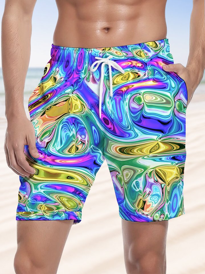 Alohadaddy Hawaiian Abstract Texture Print Art Elastic Waist Drawstring Pockets Stretch Large Size Men&