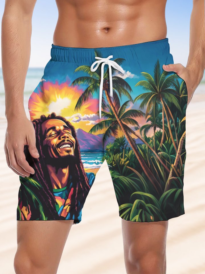 Alohadaddy Hawaiian People Palm Tree Print Art Drawstring Stretch Beach Shorts