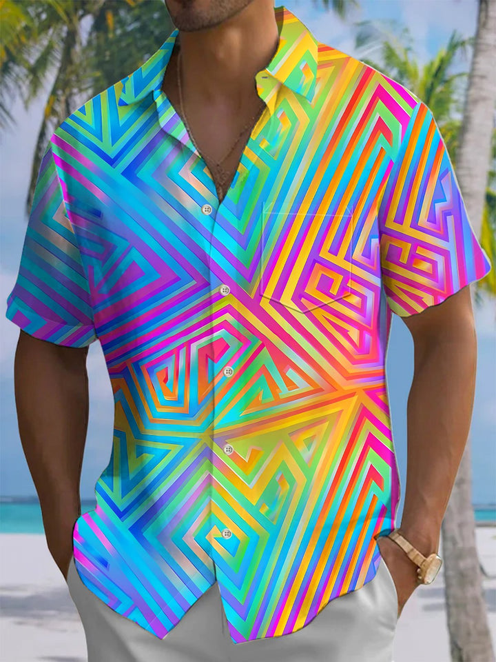 Alohadaddy® Casual Gradient Geometric Print Chest Pocket Stretch Men&