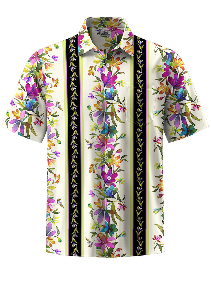 Alohadaddy® Hawaiian Floral Stripe Art Print Chest Pocket Men&