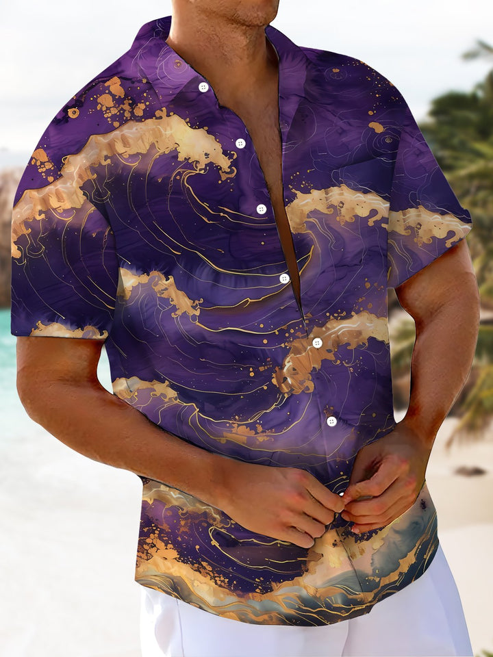 Alohadaddy® Casual Hawaiian Wave Art Print Chest Pocket Men&