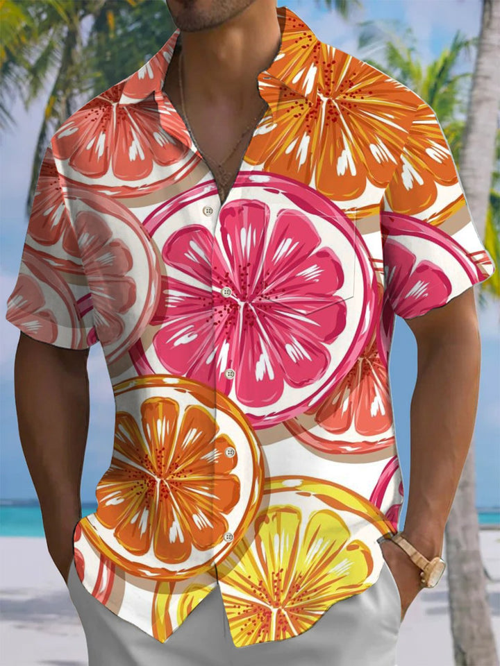 Alohadaddy® Hawaiian Lemon Slice Print with Chest Pocket on Men&