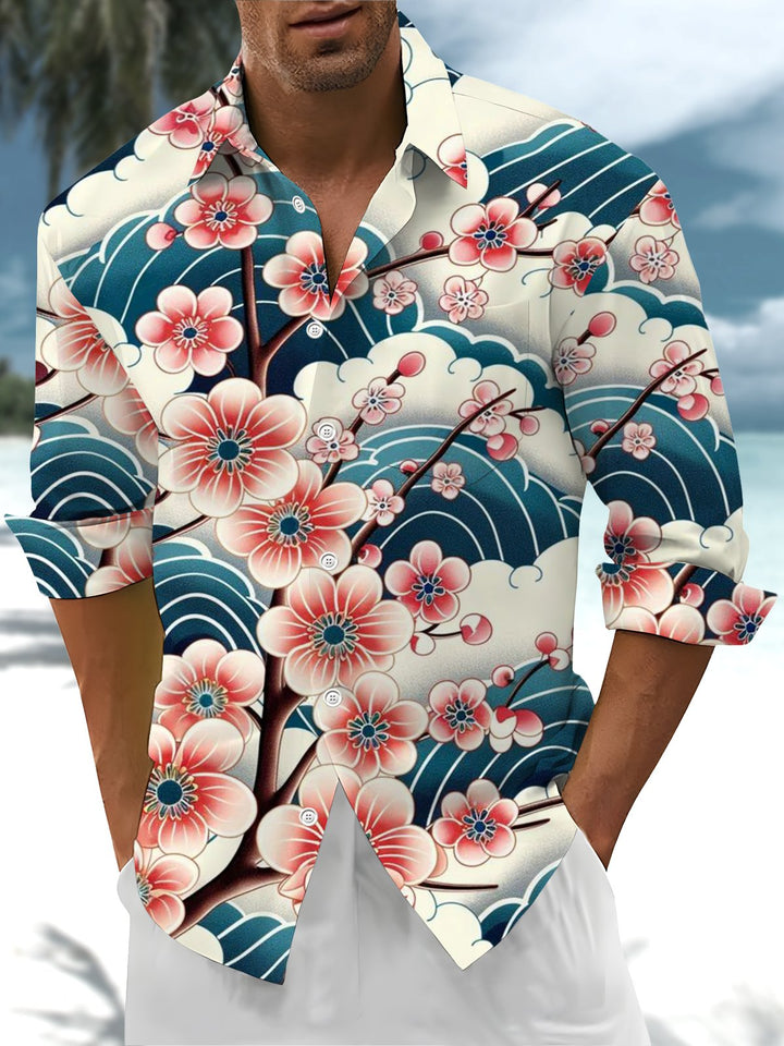 Alohadaddy® Vintage Sakura Ukiyo-e Print Art Print with Chest Pocket for Men&