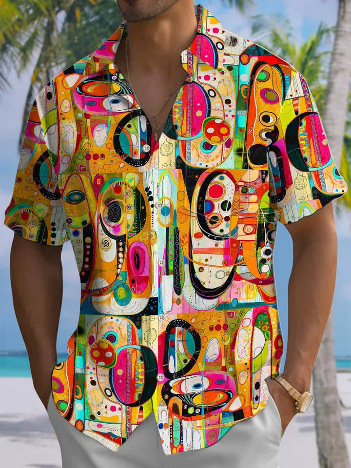 Alohadaddy® Retro Geometric Art Print Chest Pocket Stretch Men&