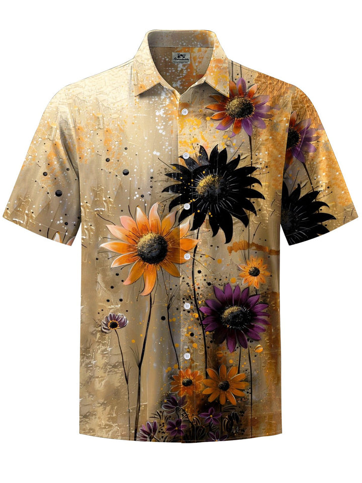 Alohadaddy® Vintage Chrysanthemum Art Print Chest Pocket Stretch Men&