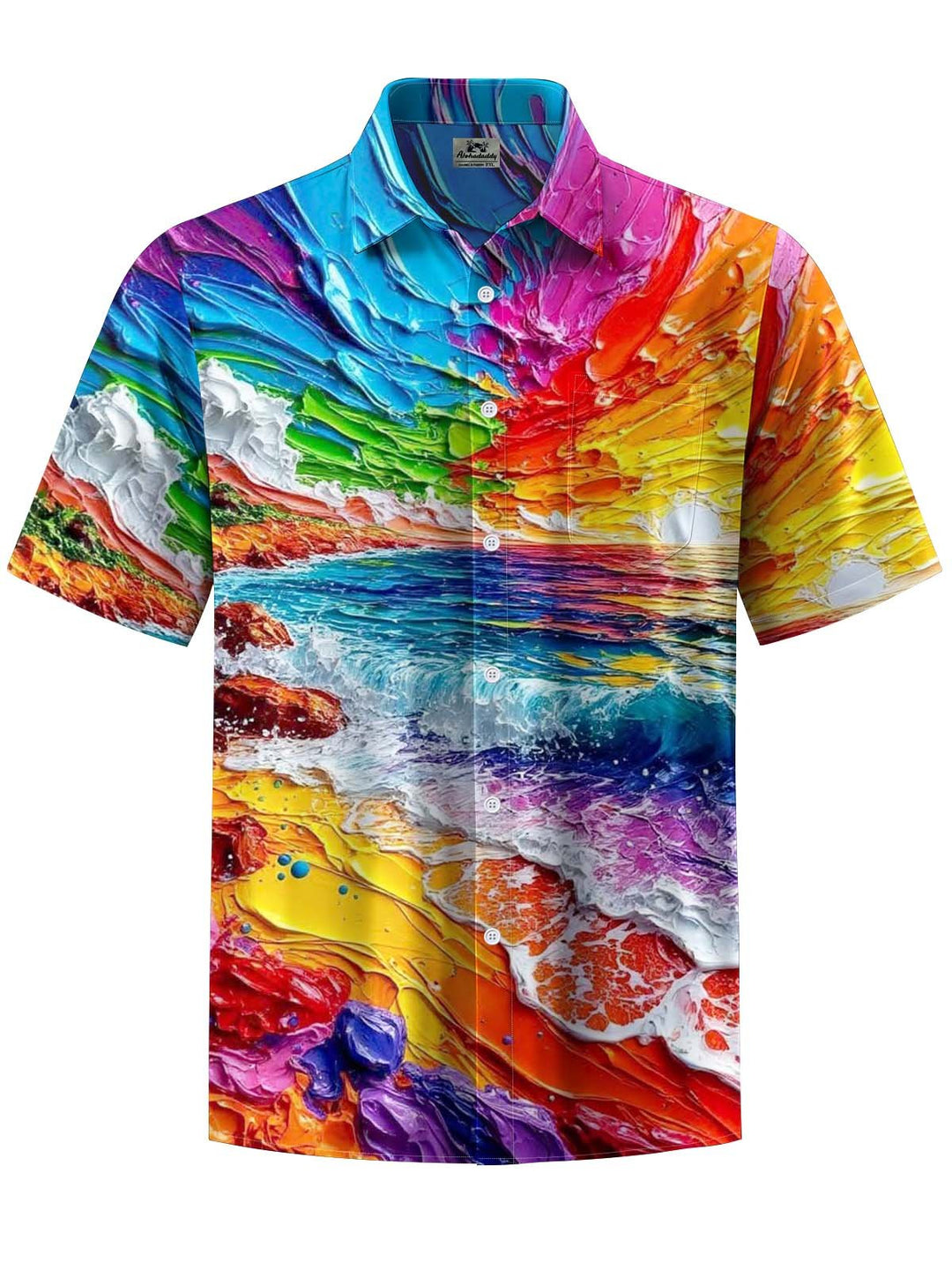 Alohadaddy® Hawaiian Acrylic Painting Wave Print Art with Chest Pocket for Men&