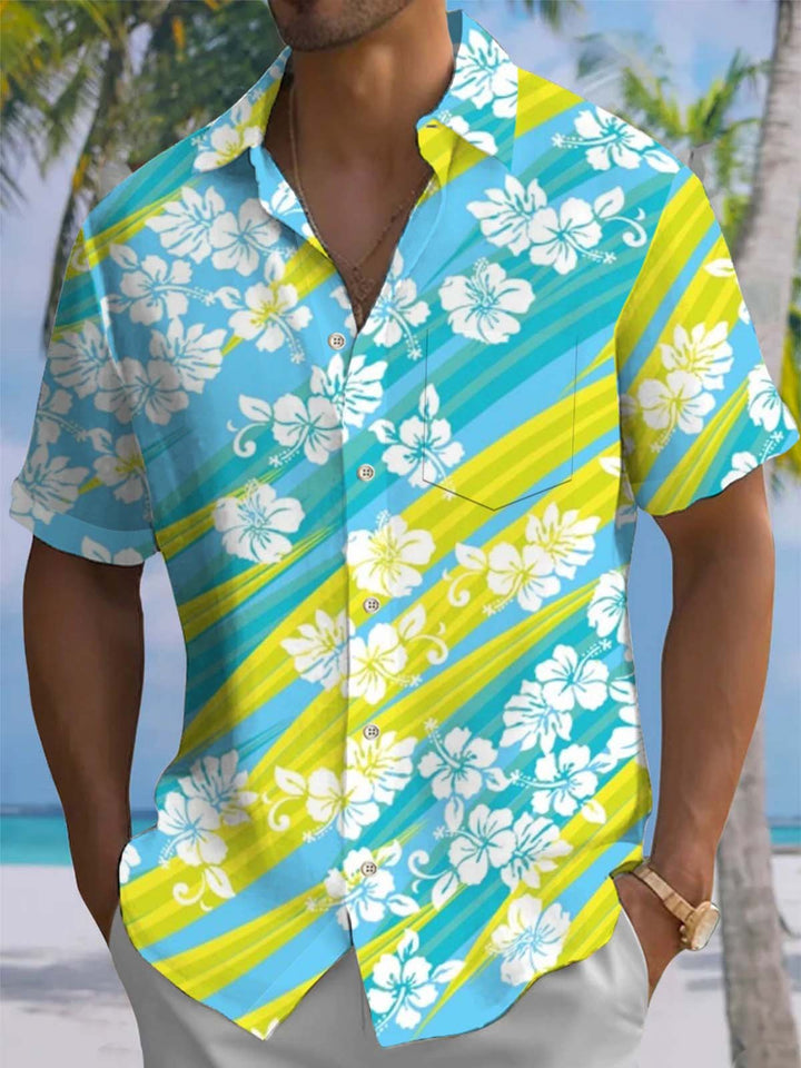 Alohadaddy® Hawaiian Hibiscus Flower Art Print Chest Pocket Stretch Men&