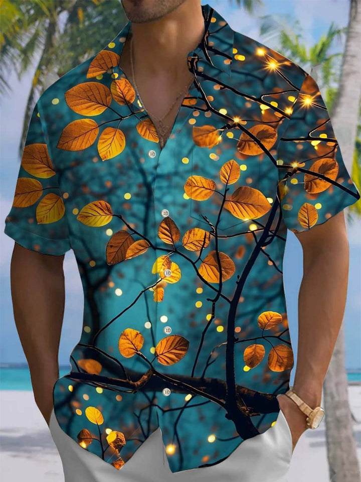 Alohadaddy® Vintage Leaf Art Print Chest Pocket Stretch Men&