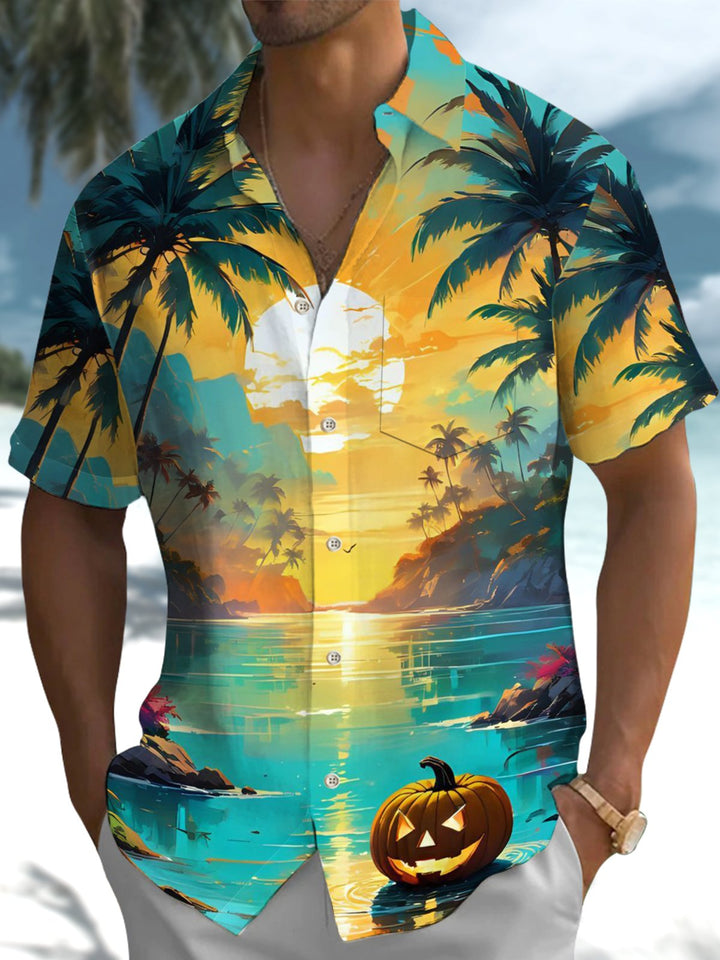 Alohadaddy® Hawaiian Halloween Pumpkin Coconut Tree Vacation Art Print Pocket Stretch Men&