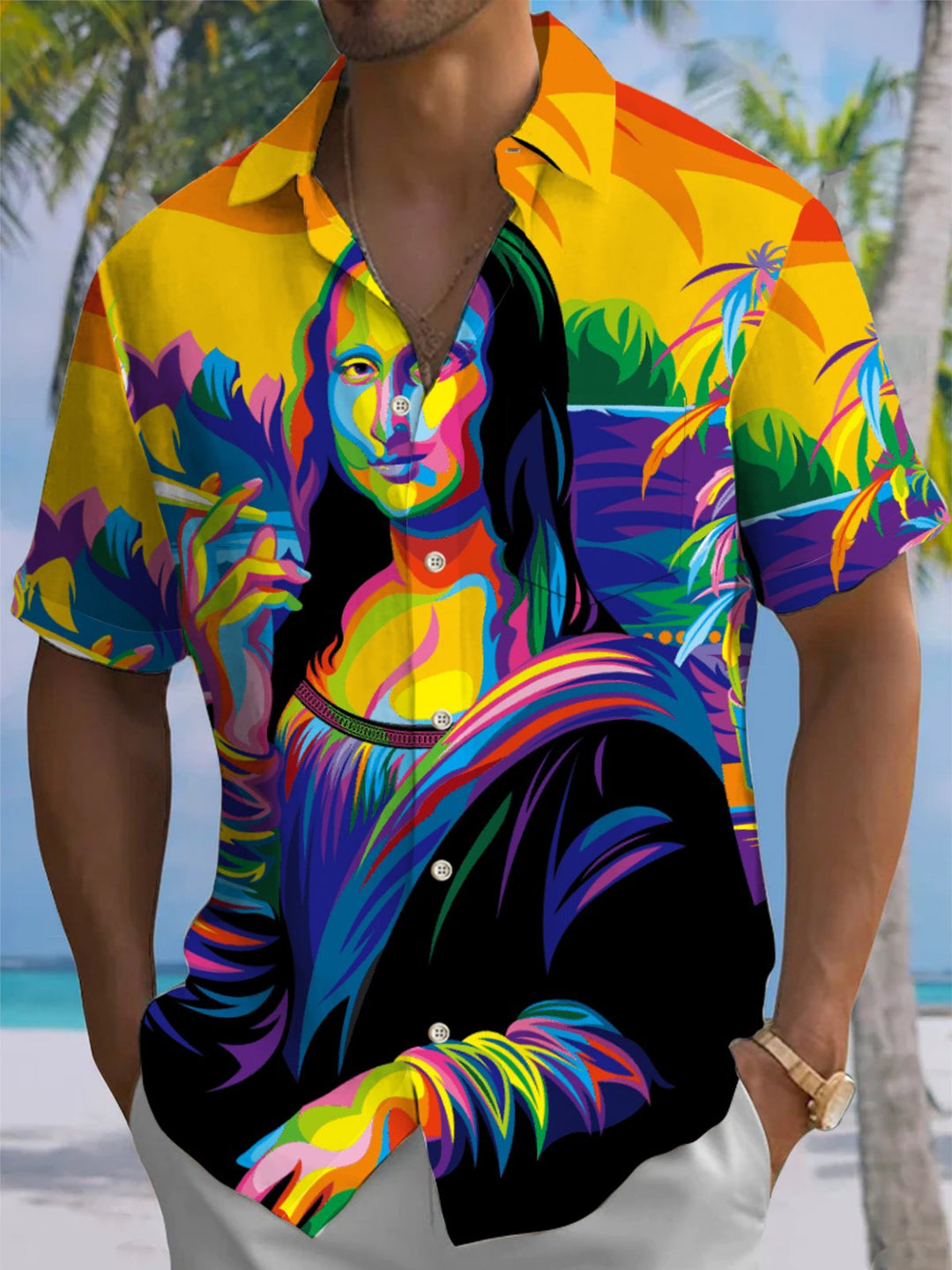 Alohadaddy® Vintage Mona Lisa Fun Oil Painting Print Pocket Button Elastic Men&