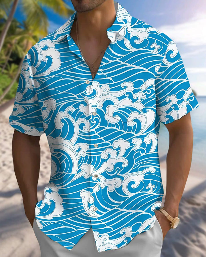 Alohadaddy® Hawaiian Retro Wave Print Pocket Stretch Men&