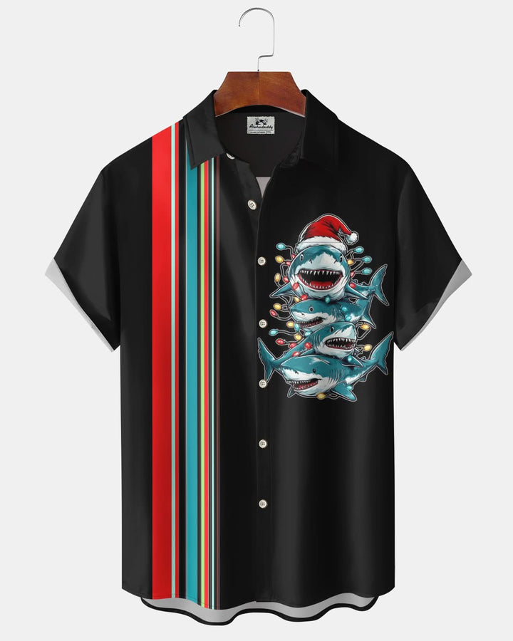 Alohadaddy® Christmas Striped Shark Print Pocket Elastic Button Men&