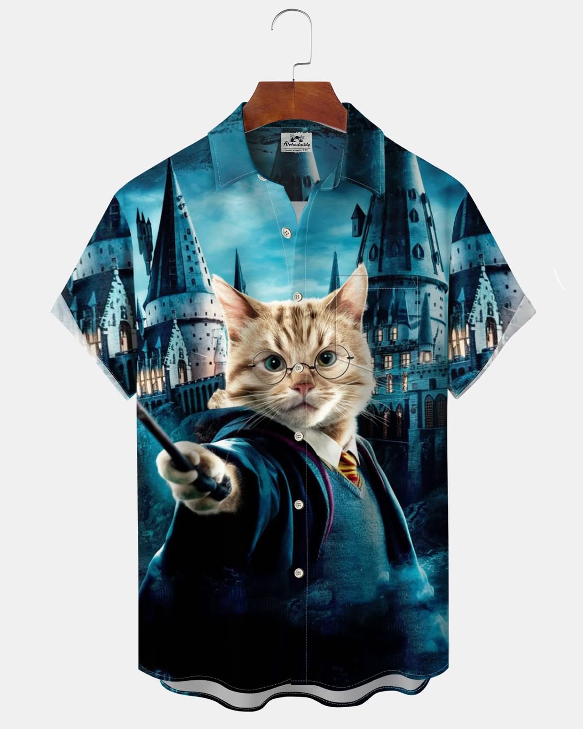 Alohadaddy® Vintage Magic Cat Harry Potter Print Art Pocket Button Men's Short Sleeve Shirt Big & Tall