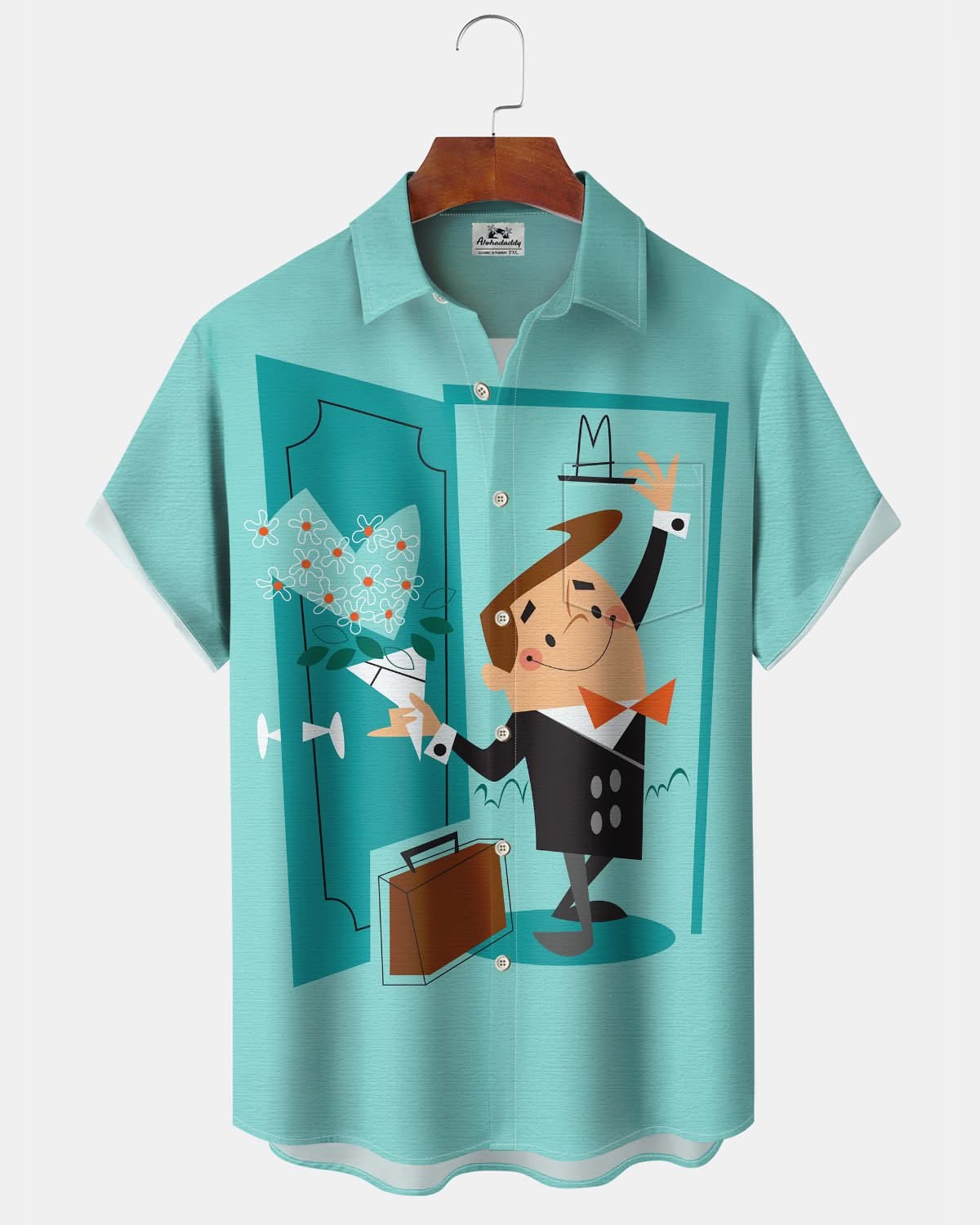 Alohadaddy® Retro Geometric Cartoon Atom Print Art Pocket Button Elastic Men's Short Sleeve Shirt Big & Tall