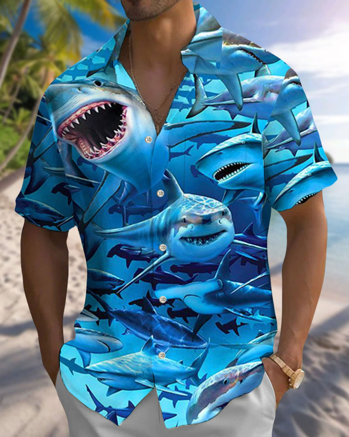 Alohadaddy® Hawaiian Shark Print Art Button Pocket Men&