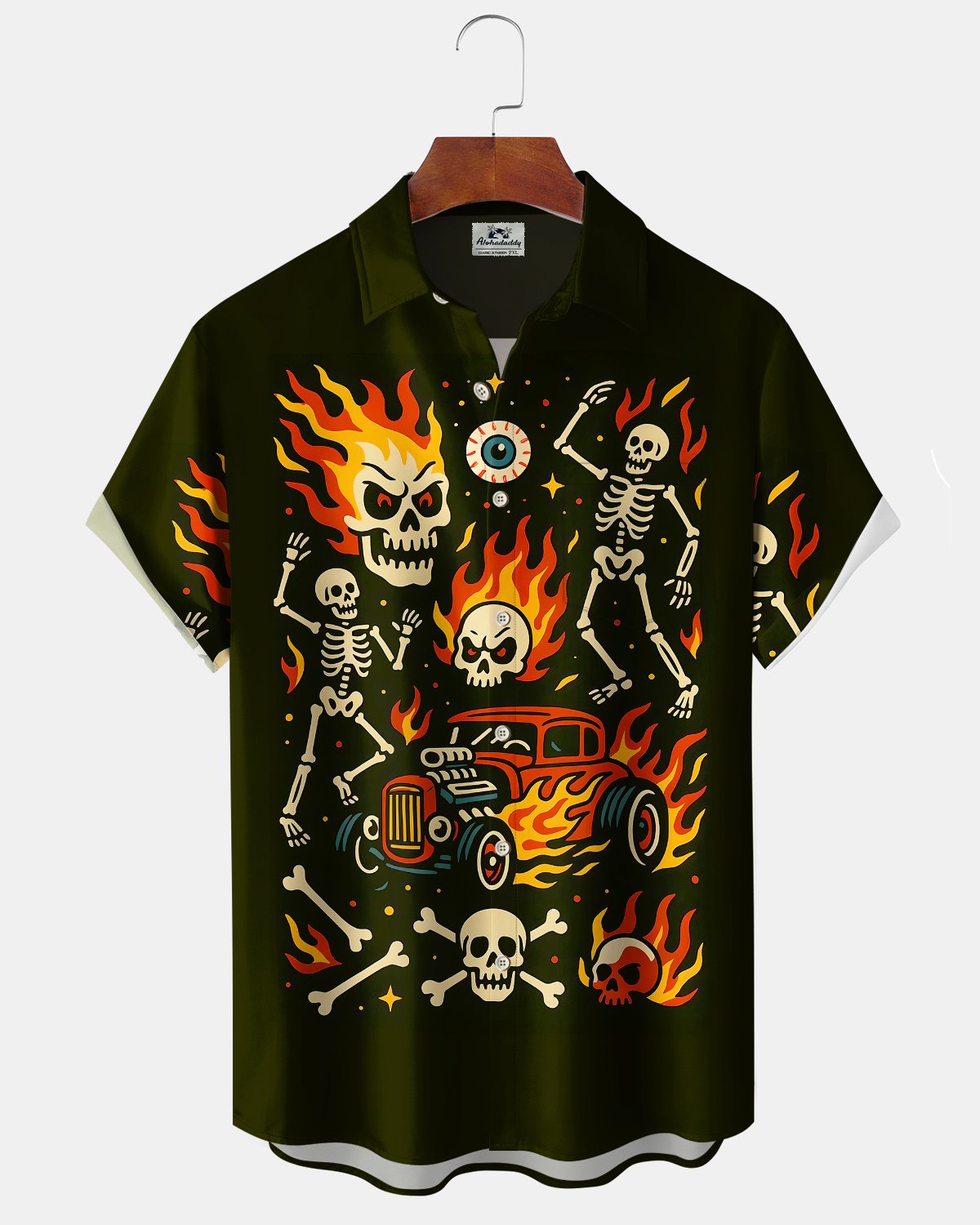 Alohadaddy® Vintage Skull Print Art Button Pocket Cardigan Men's Short Sleeve Shirt Big & Tall