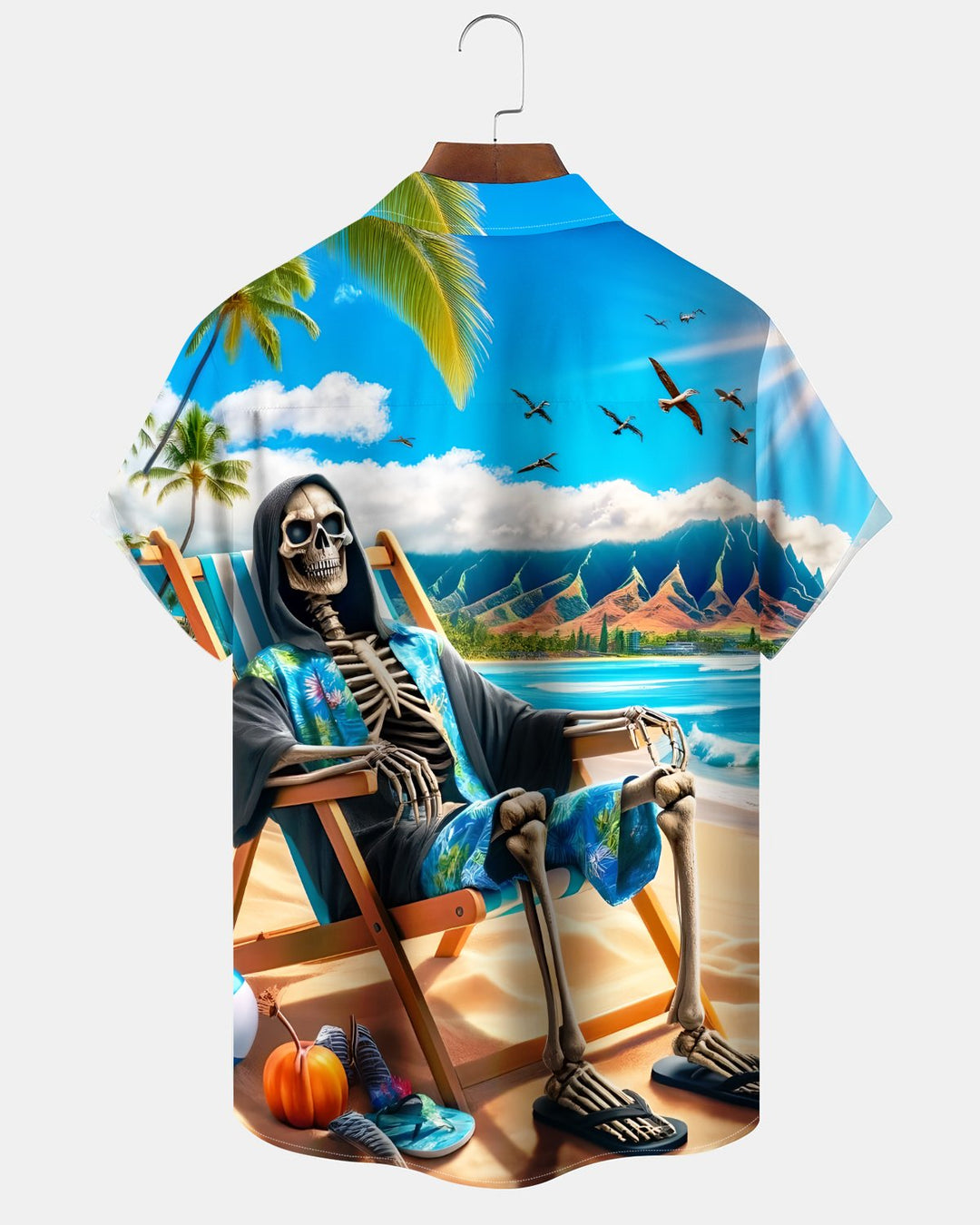 Alohadaddy® Hawaiian Skull Beach Vacation Print Art Button Pocket Cardigan  Men&