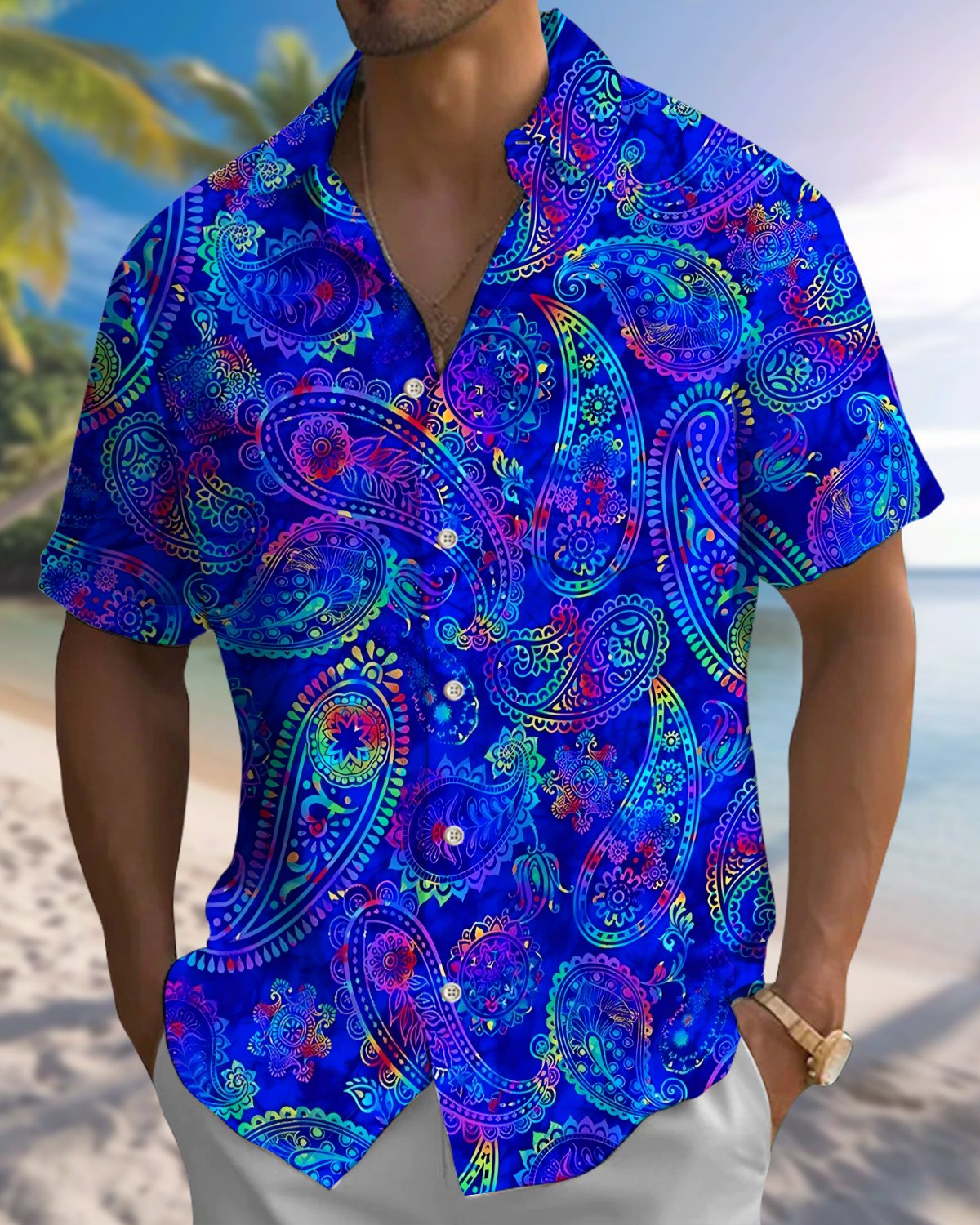 Alohadaddy® Men's Short-Sleeve Button-Down Shirt  Vintage Patterned Print with Pocket