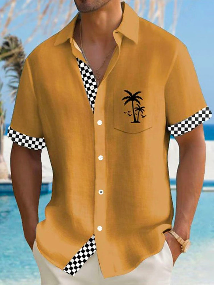 Camisa de manga corta con bolsillo abotonado para hombre con estampado 3D de árbol de coco y cuadros escoceses hawaianos Alohadaddy