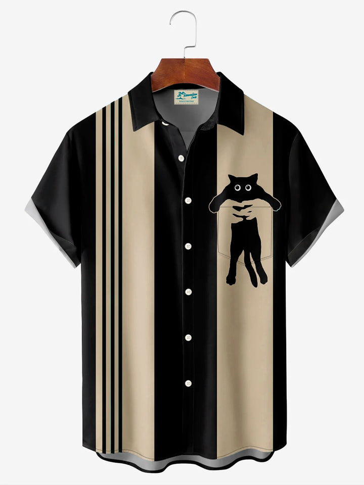 Camisa de manga corta con bolsillo y botones para hombre, con estampado 3D de gato divertido y bolos retro de Alohadaddy, talla grande y alta