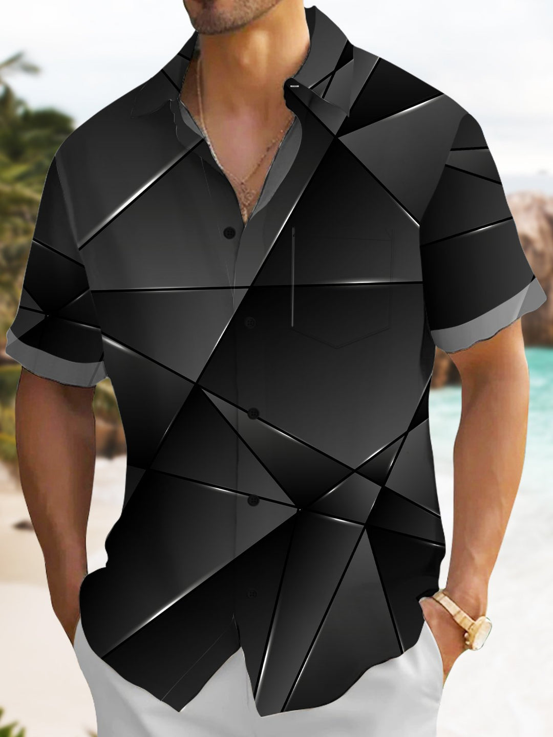 Alohadaddy Retro Gradient 3D Geometric Pocket Holiday Shirt