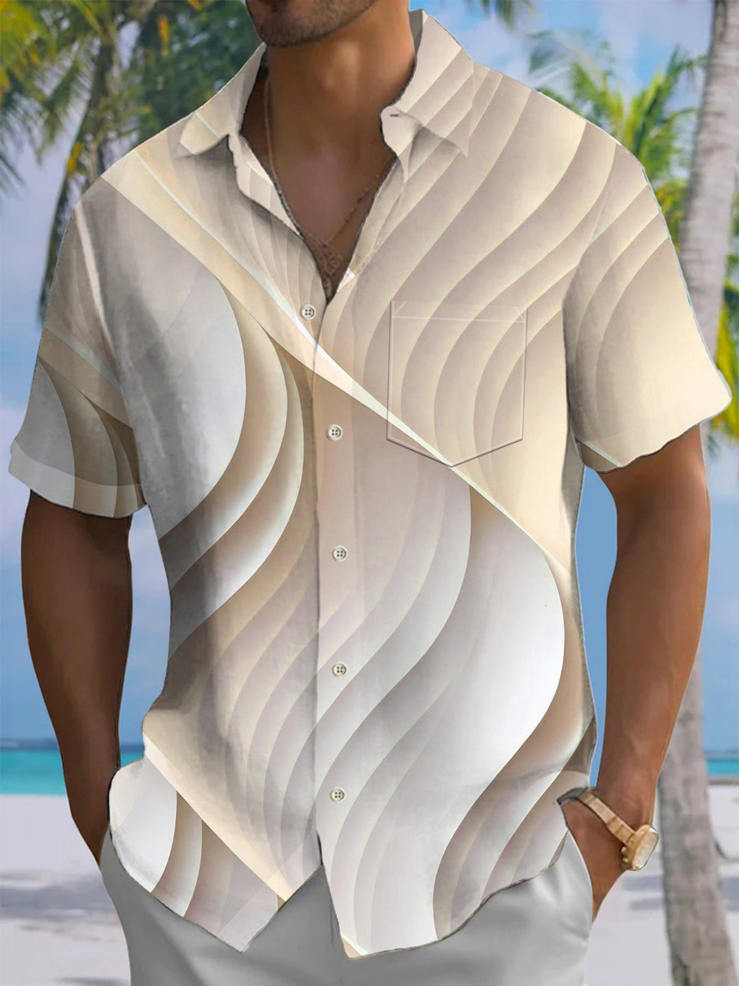 Alohadaddy® Casual Abstract Texture Print Chest Pocket Stretch Moisture Wicking Men&