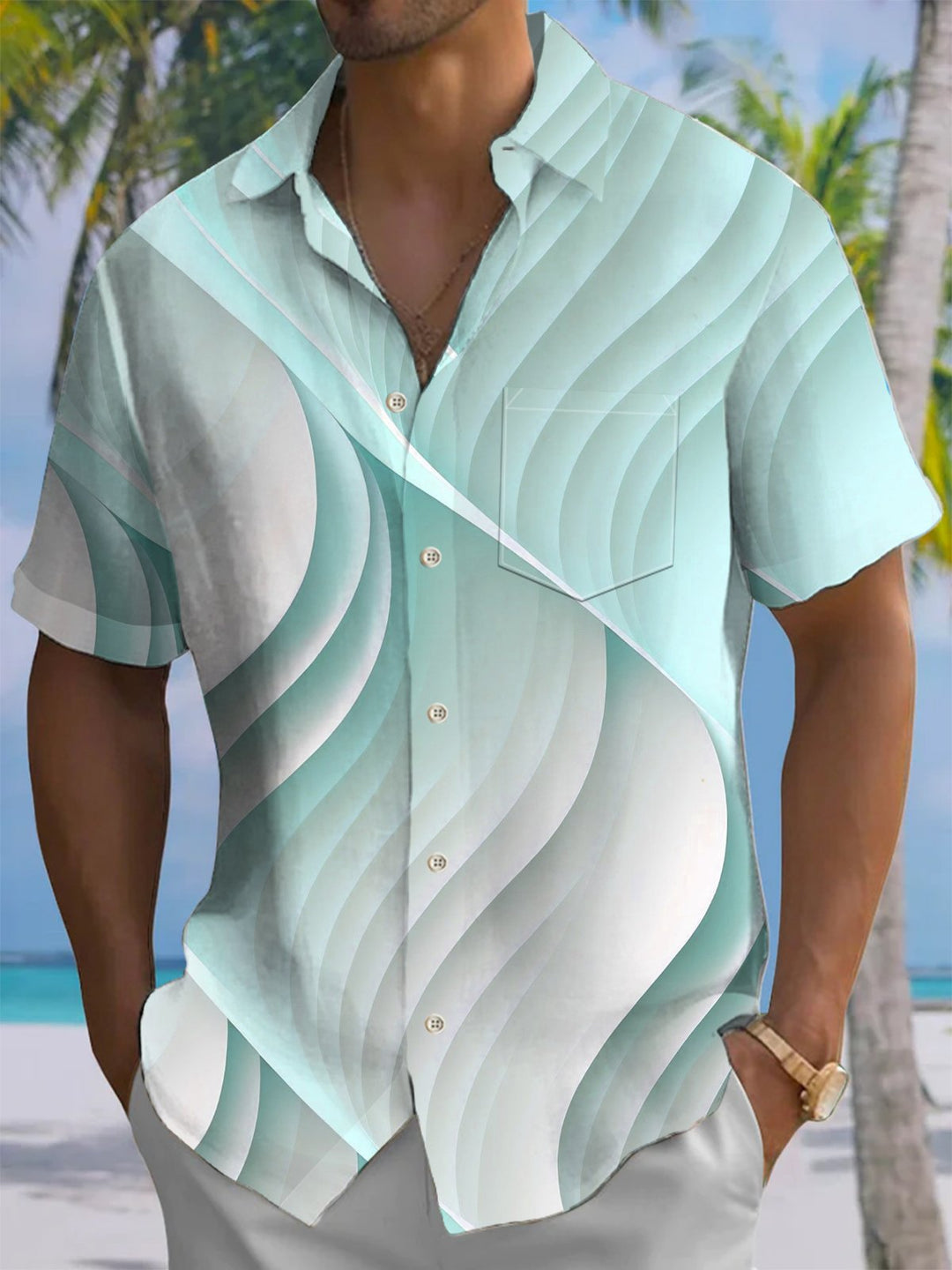 Alohadaddy® Casual Abstract Texture Print Chest Pocket Stretch Moisture Wicking Men&