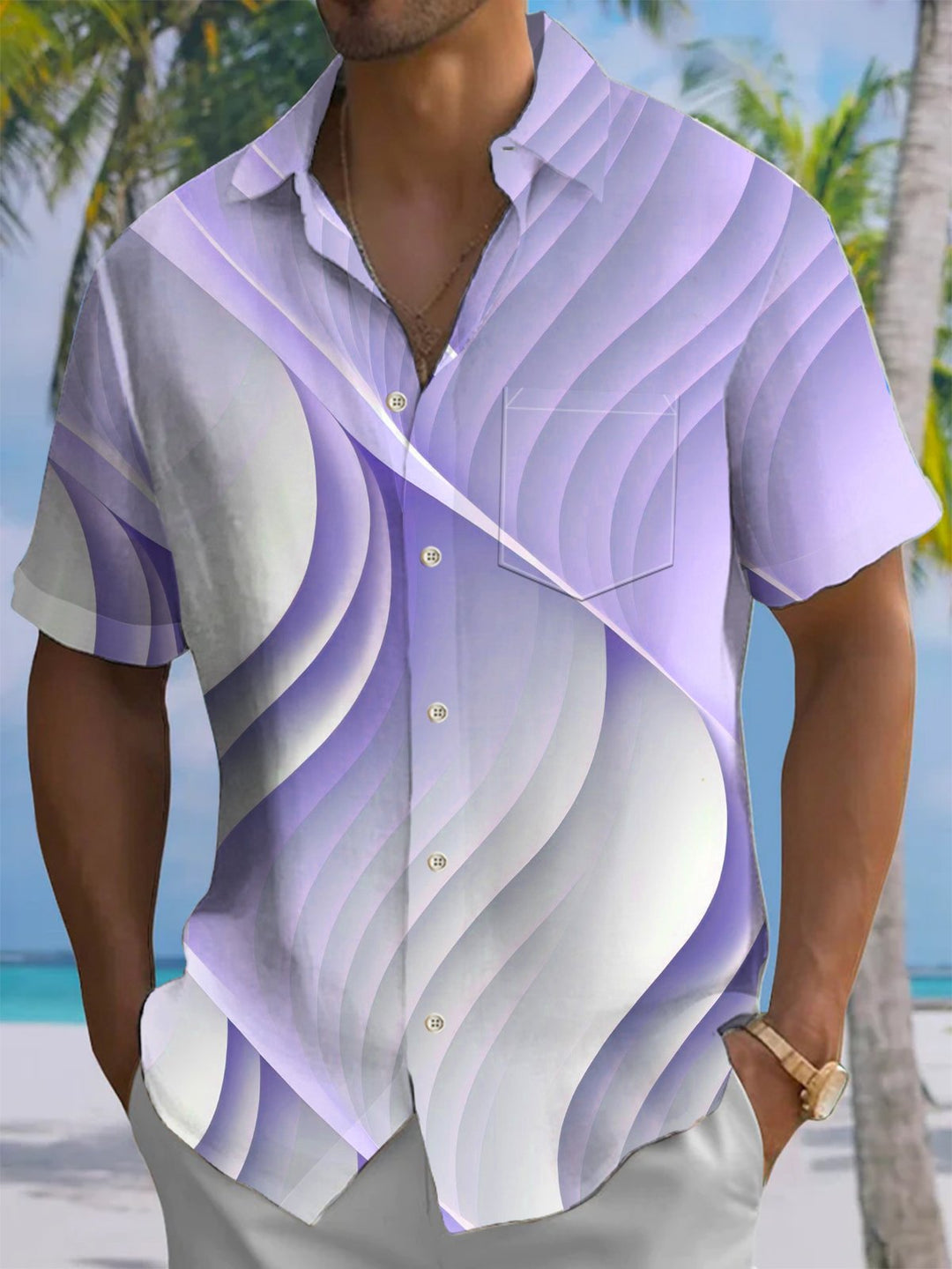 Alohadaddy® Casual Abstract Texture Print Chest Pocket Stretch Moisture Wicking Men&