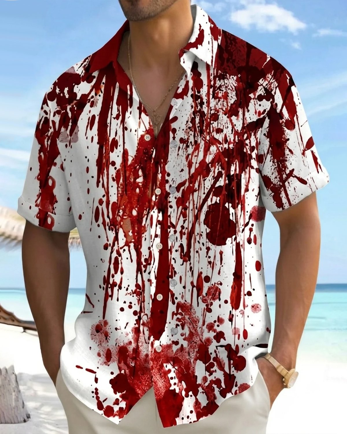 Alohadaddy® Men's Short-Sleeve Button-Down Shirt with Pocket Halloween Print