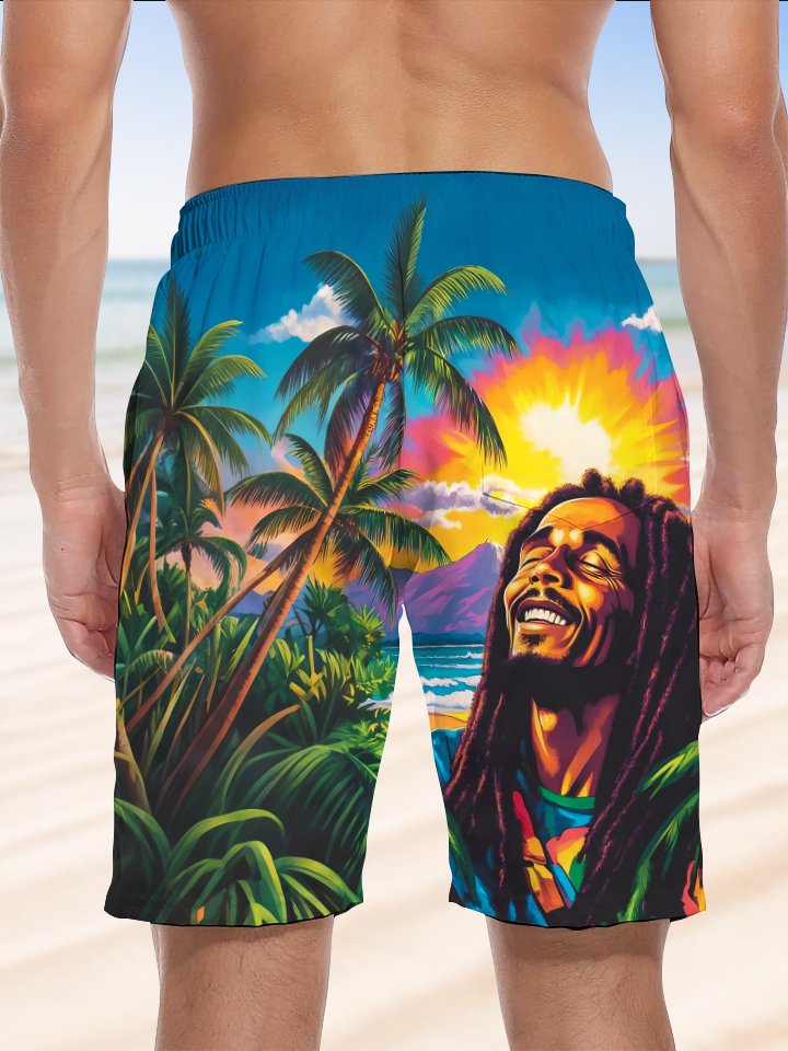 Alohadaddy Hawaiian People Palm Tree Print Art Drawstring Stretch Beach Shorts