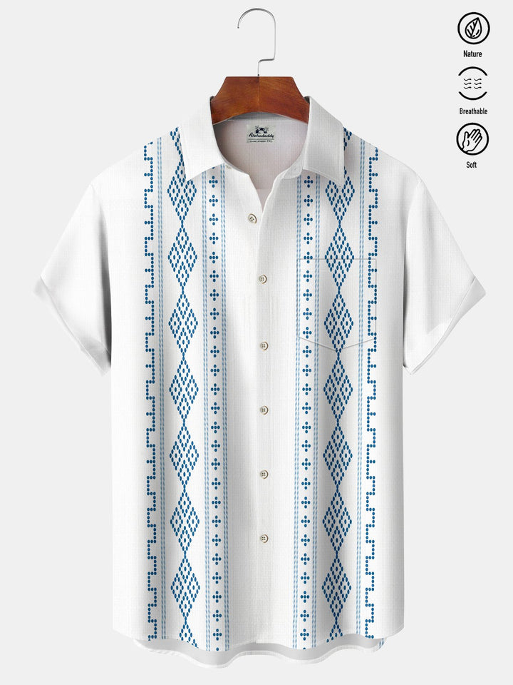 Alohadaddy Casual Collection Geometric Print Art Button Cardigan Pockets Fresh Stretch Polyester Short Sleeve Shirt