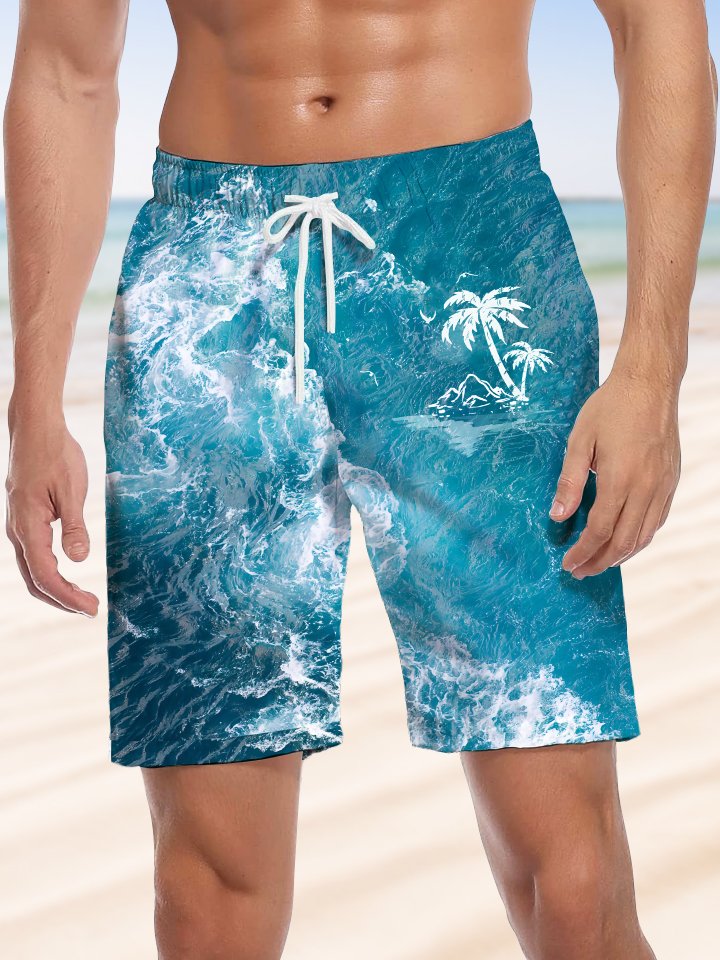 Alohadaddy Hawaii Casual Everyday Ocean Palm Trees Print Art Pockets Polyester Stretch Large Size Shorts Beach Pants
