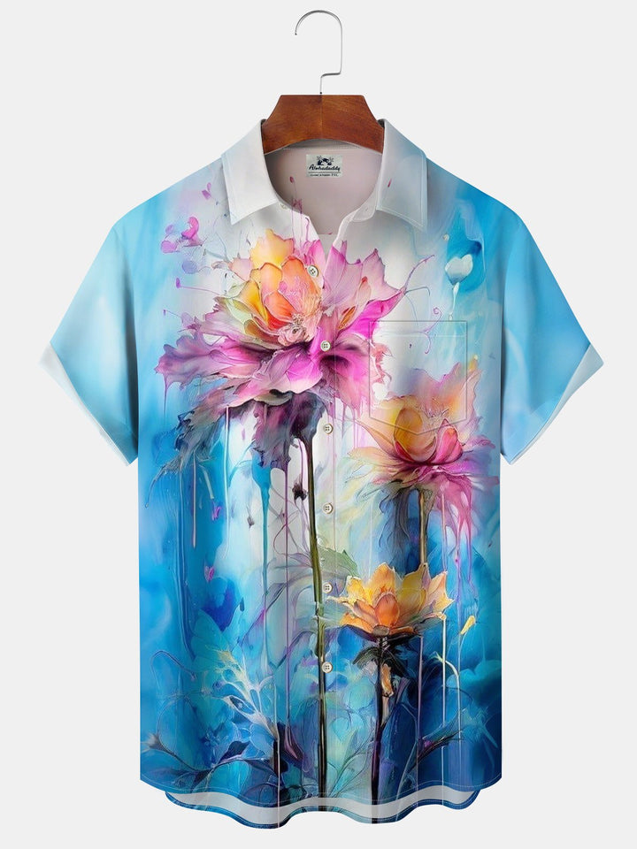 Alohadaddy Moisture Wicking Flowers Painting Print Art Stretch Large Size Chest Pocket Short Sleeve Shirt