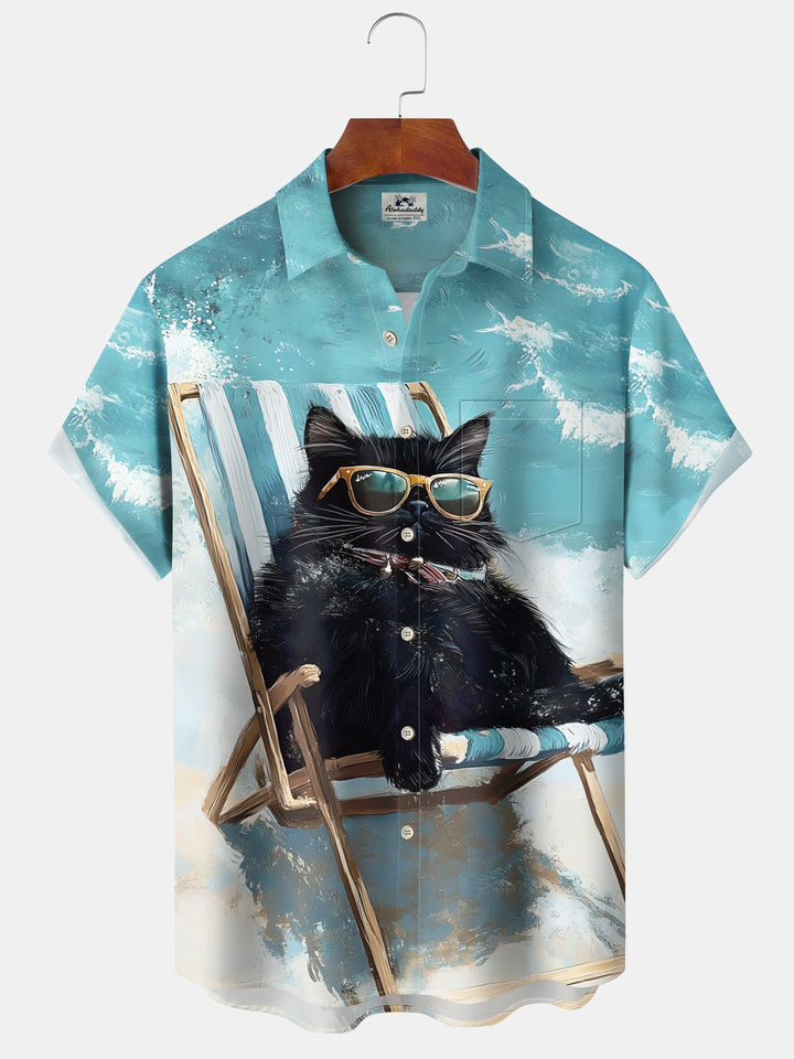 Alohadaddy Hawaiian Moisture Wicking Vacation Black Cat Print Art Chest Pocket Stretch Short Sleeve Shirt