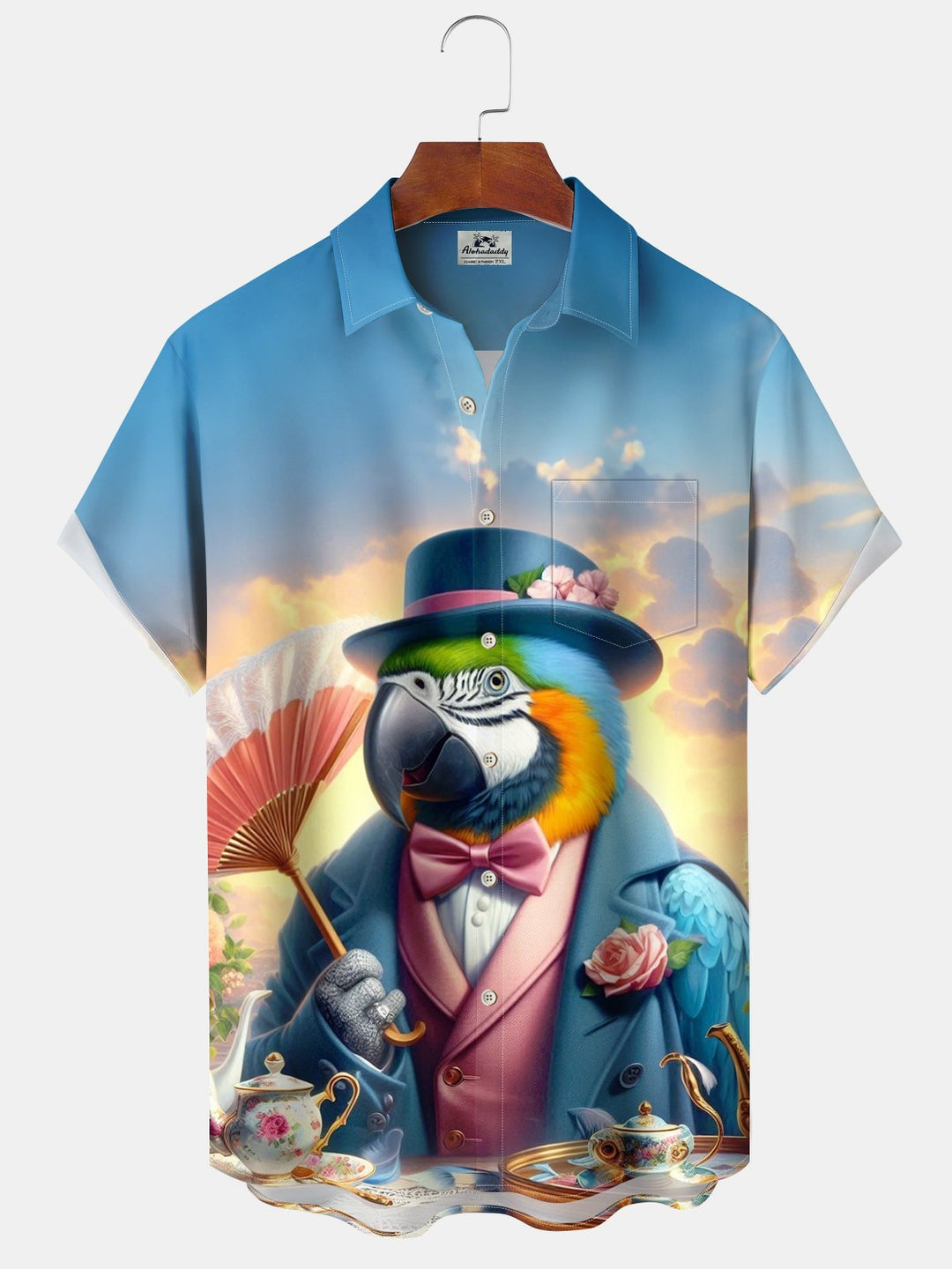 Alohadaddy® Casual Parrot Vacation Art Print Chest Pocket Moisture Wicking Large Size Hawaiian Shirt